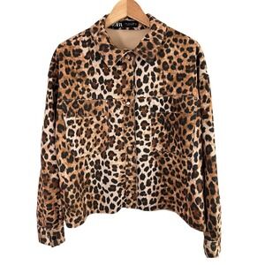 Zara Leopard Print Jacket Cropped Women Large Brown Animal Print Shacket